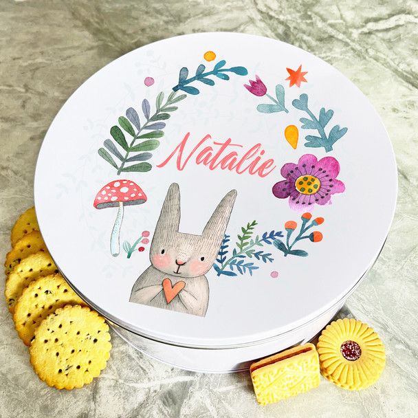 Easter Rabbit Heart & Flowers Round Personalised Gift Biscuit Sweets Treat Tin