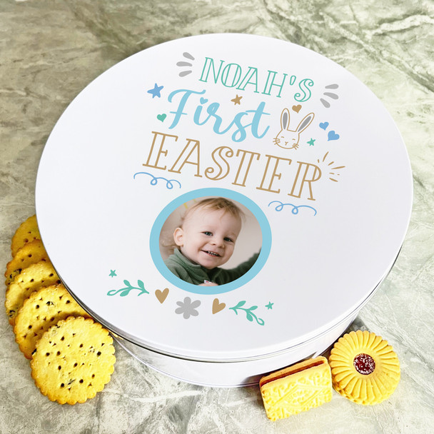 First Easter Baby Boy Photo Round Personalised Gift Biscuit Sweets Treat Tin