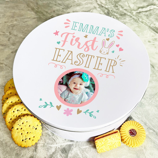 First Easter Baby Girl Photo Round Personalised Gift Biscuit Sweets Treat Tin