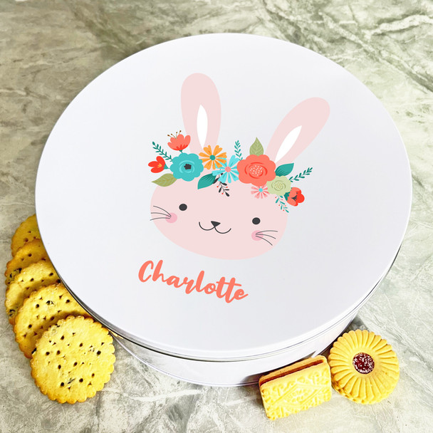 Floral Headband Easter Bunny Round Personalised Gift Biscuit Sweets Treat Tin