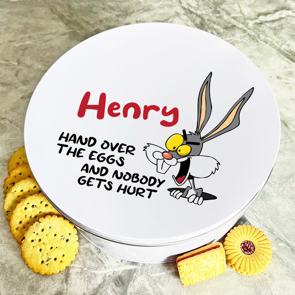 Funny Angry Easter Bunny Eggs Round Personalised Gift Biscuit Sweets Treat Tin