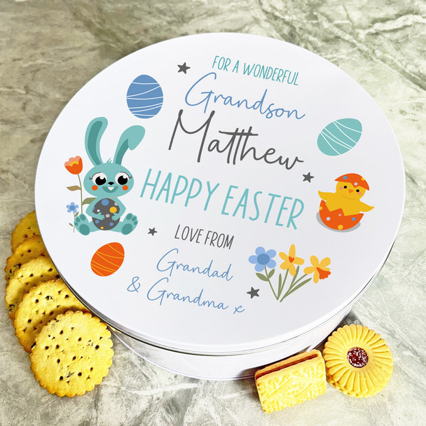 Grandson Bunny Easter Egg Round Personalised Gift Cake Biscuits Sweets Treat Tin