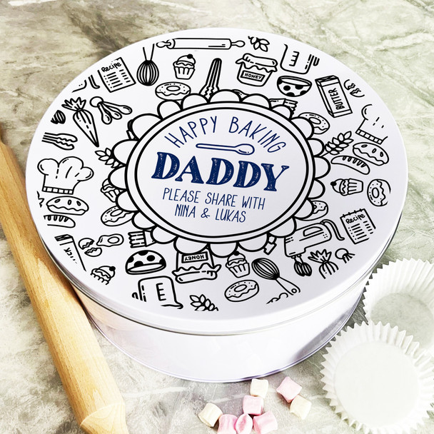 Happy Baking Doodles Daddy Round Personalised Gift Baking Cake Tin
