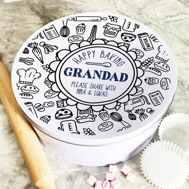 Happy Baking Doodles Grandad Round Personalised Gift Baking Cake Tin