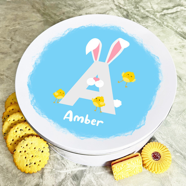 Bunny Ears Easter Letter A Round Personalised Gift Biscuit Sweets Treat Tin