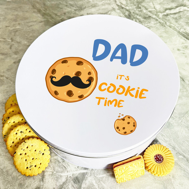 Moustache Cookie Blue Dad Round Personalised Gift Cookies Treats Biscuit Tin