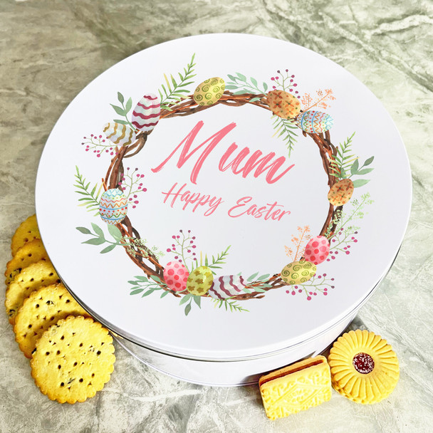 Mum Happy Easter Watercolour Round Personalised Gift Biscuit Sweets Treat Tin
