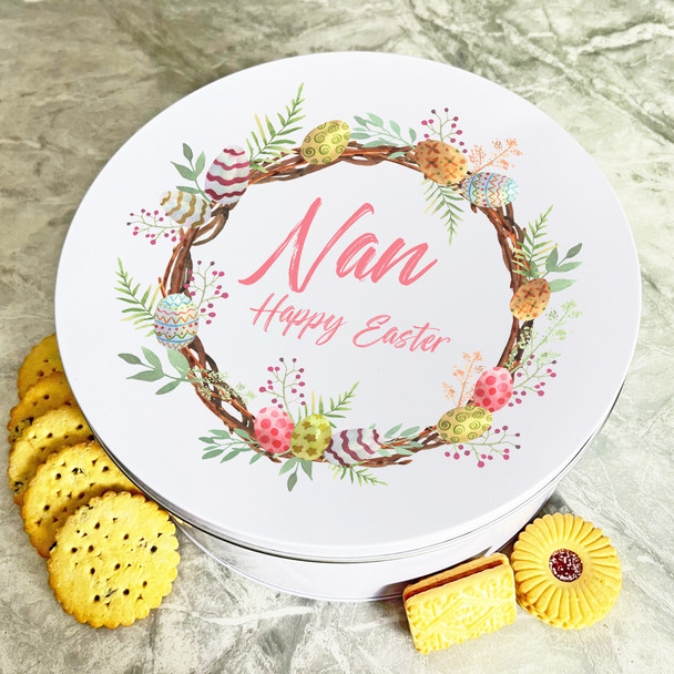 Nan Happy Easter Watercolour Round Personalised Gift Biscuit Sweets Treat Tin