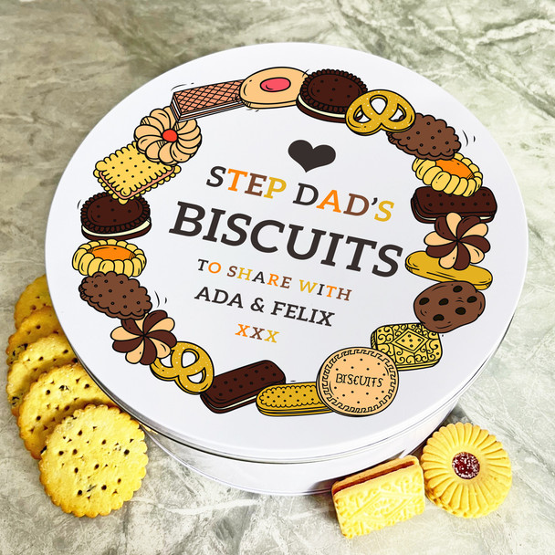 Step Dad's Biscuits To Share Round Personalised Gift Cookies Treats Biscuit Tin
