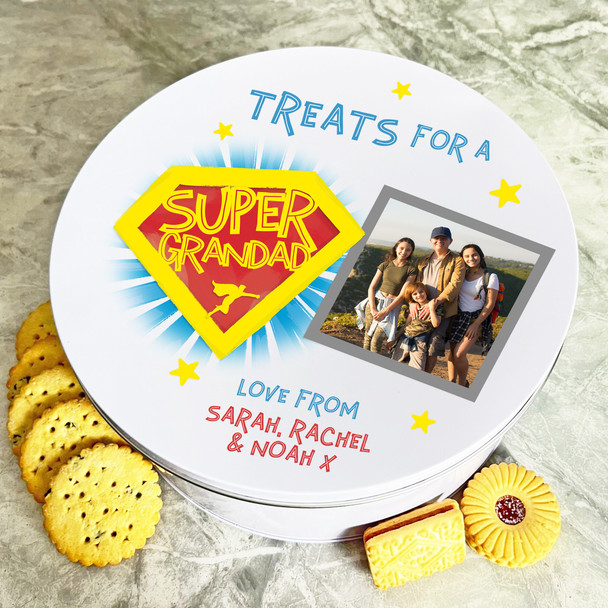 Super Grandad Photo Hero Round Personalised Gift Biscuit Sweets Treat Tin
