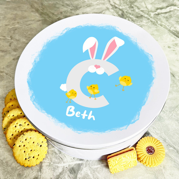Bunny Ears Letter C Round Easter Personalised Gift Biscuit Sweets Treat Tin