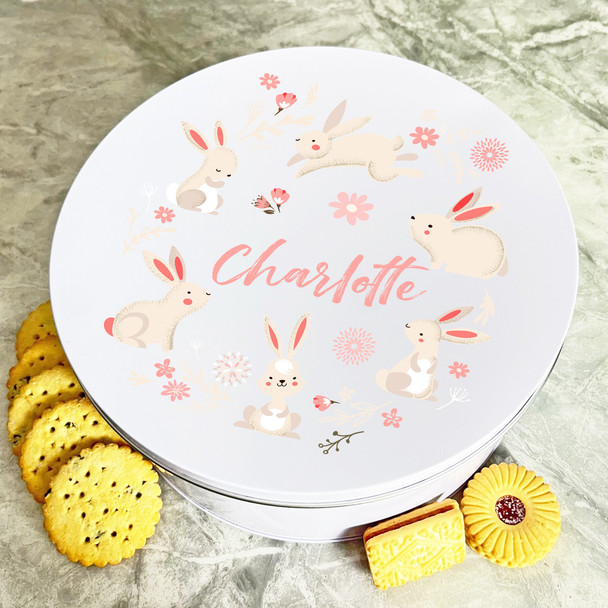 Watercolour Cute Bunnies Easter Round Personalised Gift Biscuit Sweets Treat Tin
