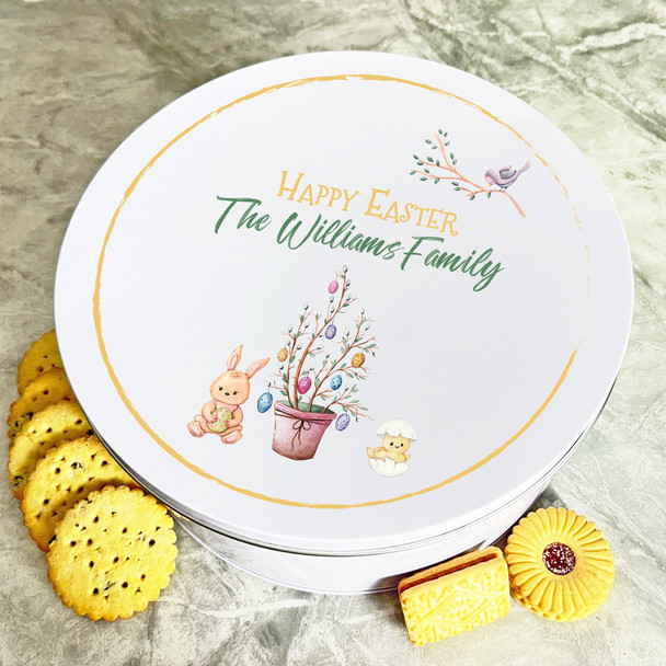 Watercolour Easter Eggs Tree Round Personalised Gift Biscuit Sweets Treat Tin