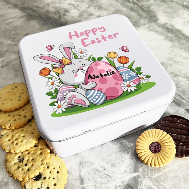 Cute Easter Bunny With Eggs Personalised Gift Cake Biscuits Sweets Treat Tin