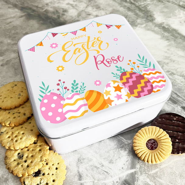 Easter Colourful Eggs Pink & Yellow Personalised Gift Biscuit Sweets Treat Tin