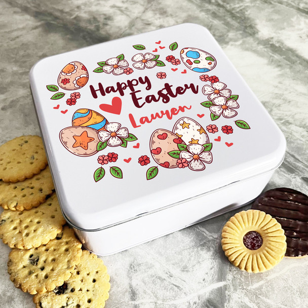 Floral Easter Eggs Bright & Hearts Personalised Gift Biscuit Sweets Treat Tin