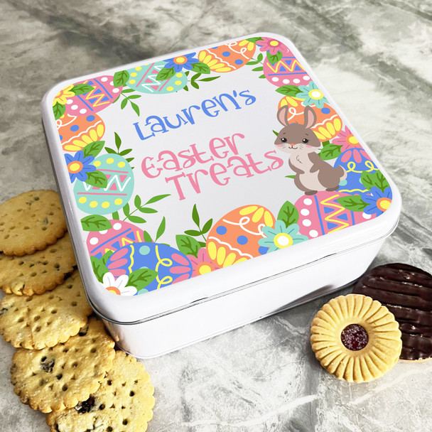 Bright Easter Eggs & Bunny Personalised Gift Cake Biscuits Sweets Treat Tin
