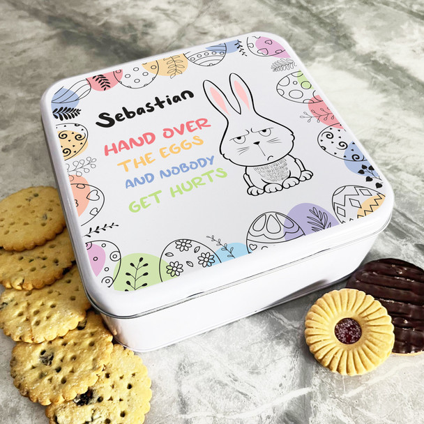 Funny Moody Easter Bunny Bright Personalised Gift Cake Biscuits Sweets Treat Tin