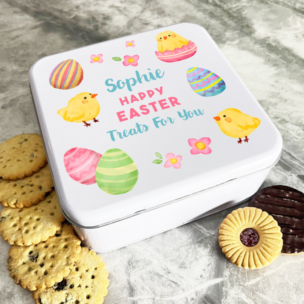 Happy Easter For You Cute Chick Personalised Gift Cake Biscuits Sweets Treat Tin