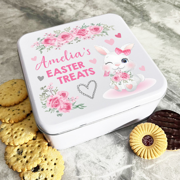 Pink Bunny Girl Cute Flower Easter Personalised Gift Biscuit Sweets Treat Tin