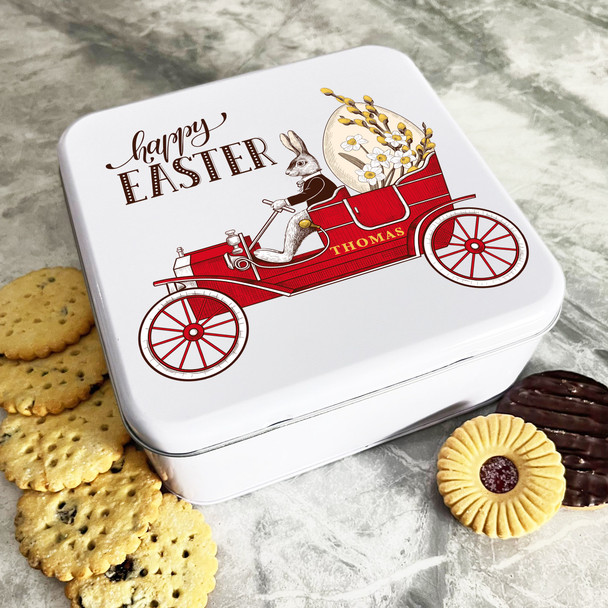 Retro Easter Bunny Red Vintage Car Personalised Gift Biscuit Sweets Treat Tin