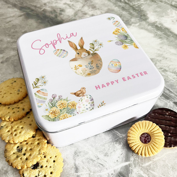 Vintage Watercolour Rabbit Easter Personalised Gift Biscuit Sweets Treat Tin