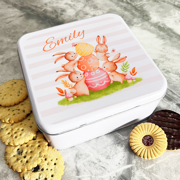 Watercolour Easter Bunnies With Eggs Personalised Gift Biscuit Sweets Treat Tin