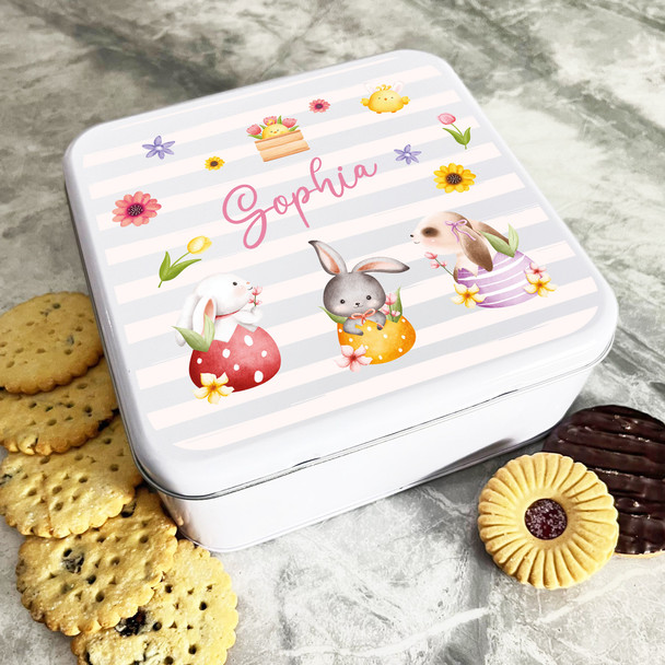 Watercolour Easter Bunnies In Eggs Personalised Gift Biscuit Sweets Treat Tin