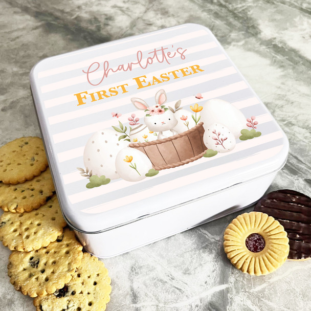 White Cute First Easter Bunny Eggs Personalised Gift Biscuit Sweets Treat Tin