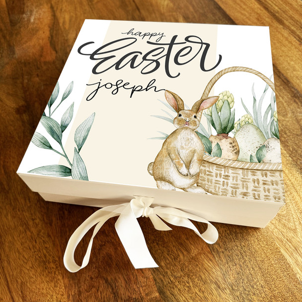 Bunny and Basket Happy Easter Personalised Square Keepsake Hamper Gift Box