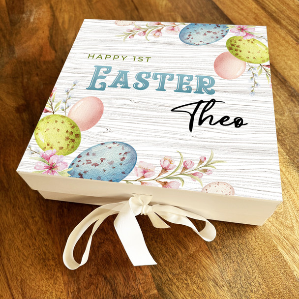 Eggs and Floral Happy 1st Easter Personalised Square Keepsake Hamper Gift Box Eggs and Floral Happy 1st Easter Personalised Square Keepsake Hamper Gift Box