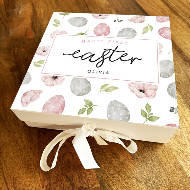 Eggs and Flowers Happy First Easter Personalised Square Keepsake Hamper Gift Box
