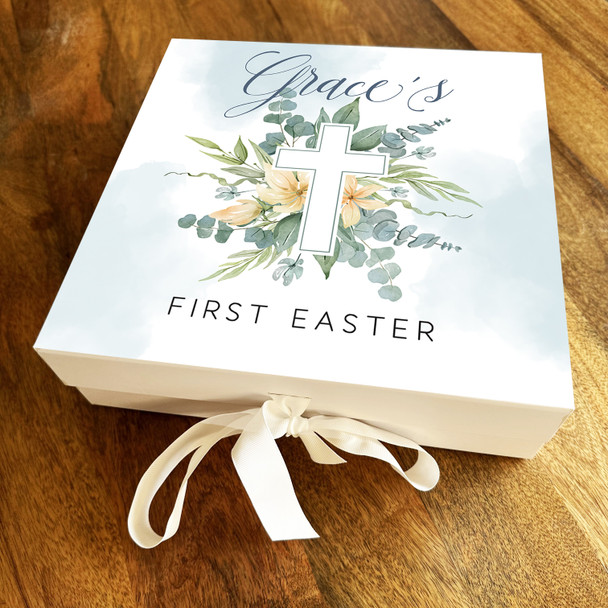 Floral Christian Cross First Easter Personalised Square Keepsake Hamper Gift Box