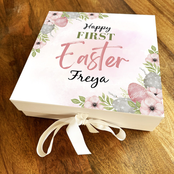 Floral Pink 1st Pretty First Easter Personalised Square Keepsake Hamper Gift Box