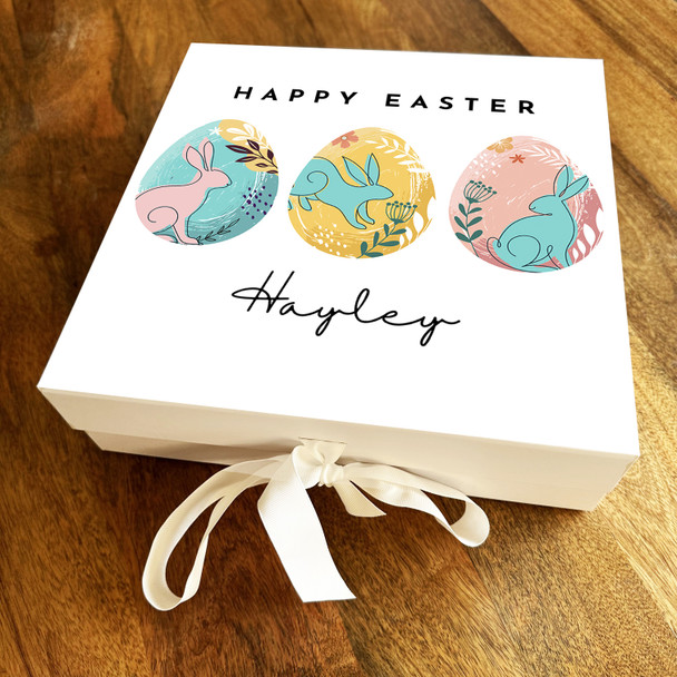 Patterned Eggs Rabbits Happy Easter Personalised Square Keepsake Hamper Gift Box