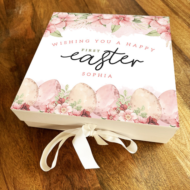 Pink Floral Pretty 1st Easter Personalised Square Keepsake Hamper Gift Box