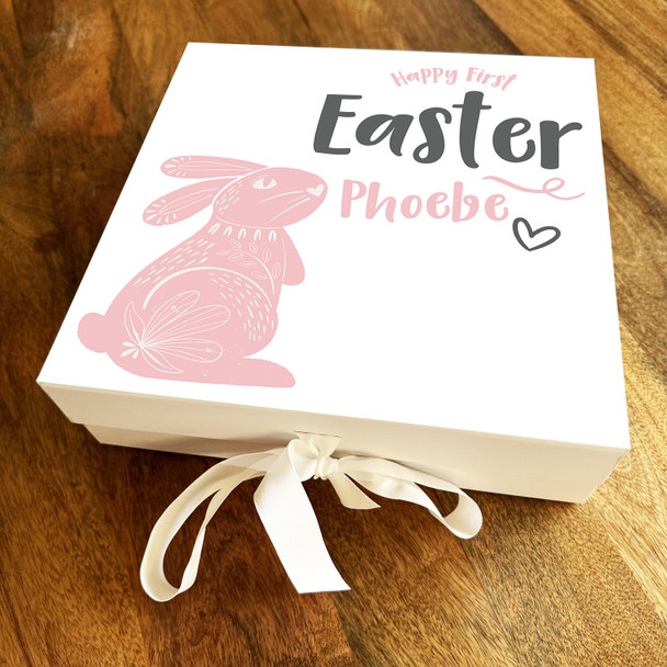 Pink Patterned Bunny First Easter Personalised Square Keepsake Hamper Gift Box