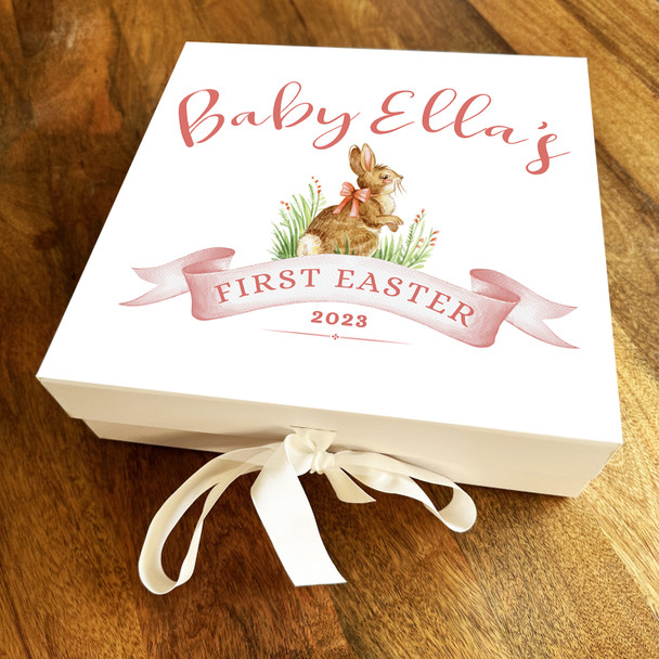 Baby Girl First Easter Rabbit Personalised Square Keepsake Hamper Gift Box