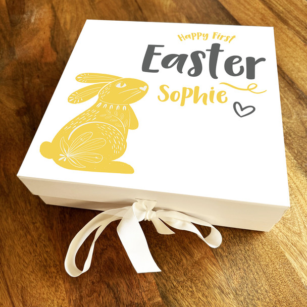 Yellow Patterned Bunny First Easter Personalised Square Hamper Gift Box