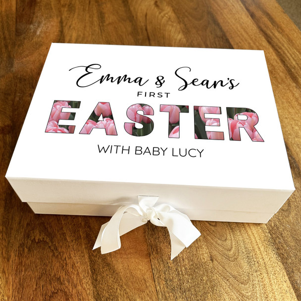 Pink Tulips First Easter With Baby Personalised Keepsake Hamper Gift Box