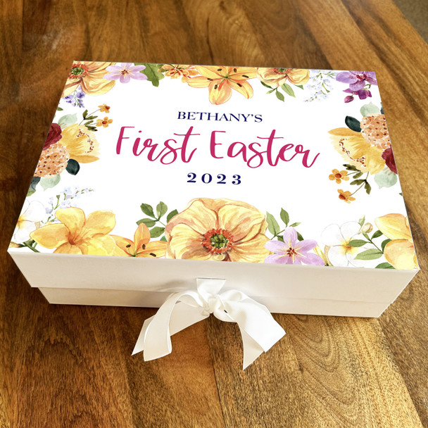 Yellow & Pink Floral First Easter Personalised Keepsake Hamper Gift Box