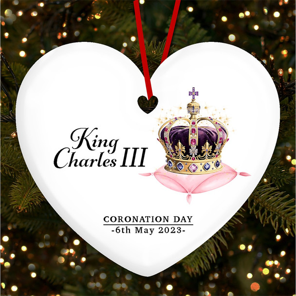 Watercolour Purple Crown King Charles Coronation Souvenir Heart Hanging Ornament
