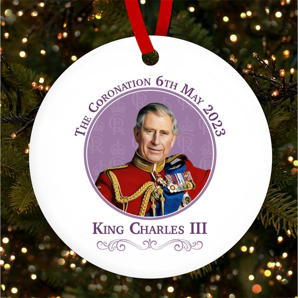 Purple Background King Charles III Coronation Souvenir Round Hanging Ornament