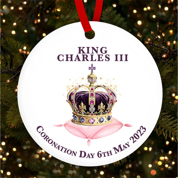 Watercolour Purple Crown King Charles Coronation Souvenir Round Hanging Ornament