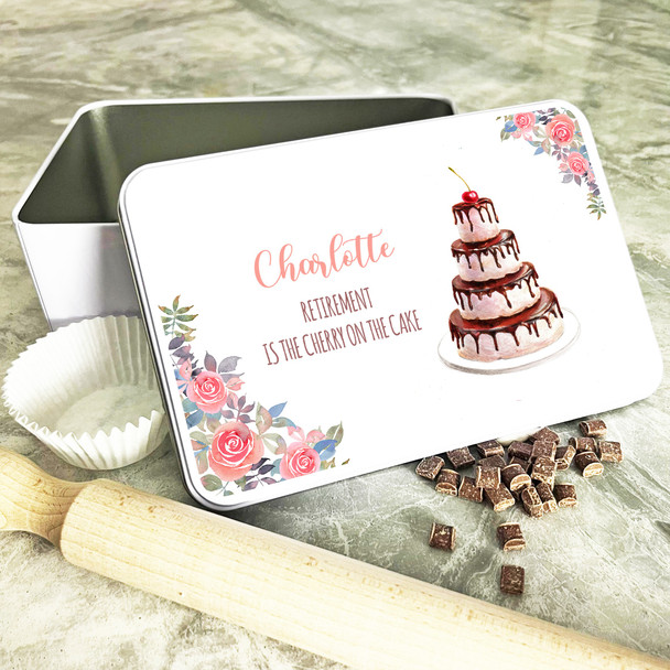 Floral Pink Blue Chocolate Retirement Rectangle Personalised Cake Tin
