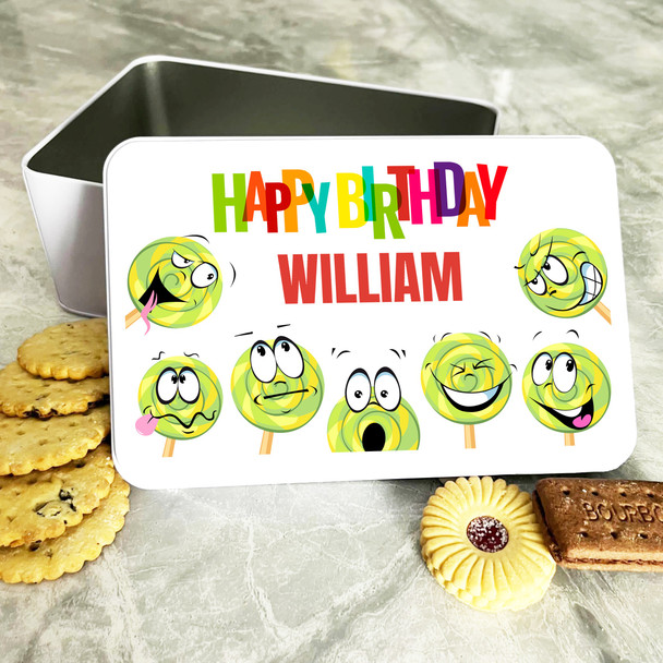 Funny Lollipop Characters Birthday Rectangle Personalised Treat Tin