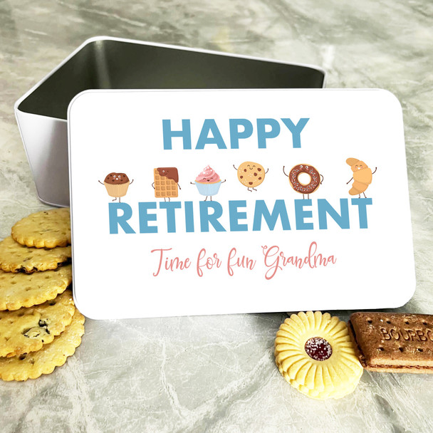 Grandma Happy Retirement Pastry Characters Rectangle Personalised Treat Tin