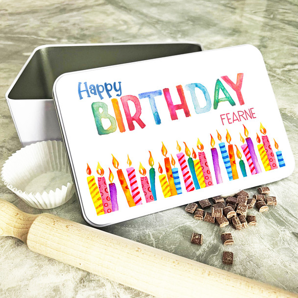 Happy Birthday Candles Rectangle Personalised Cake Tin