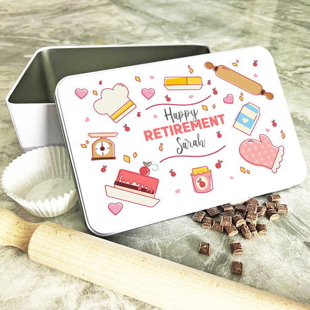 Happy Retirement Baking Pink Rectangle Personalised Cake Tin