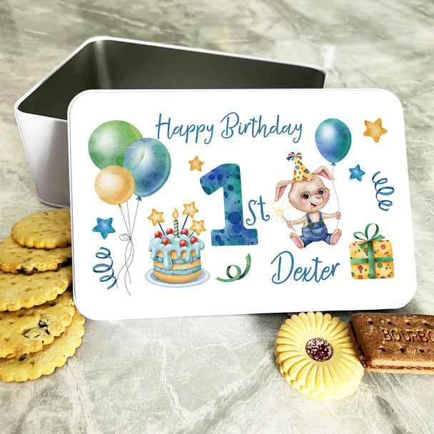 1st Birthday Watercolour Bunny Rectangle Personalised Treat Tin